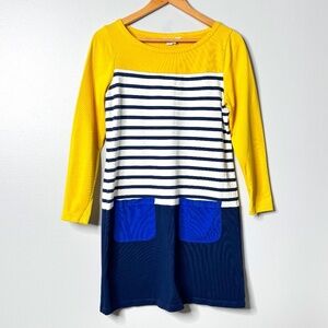 Boden Cotton Shirt Dress Yellow Navy White Stripe Contrast Sleeve Front Pockets